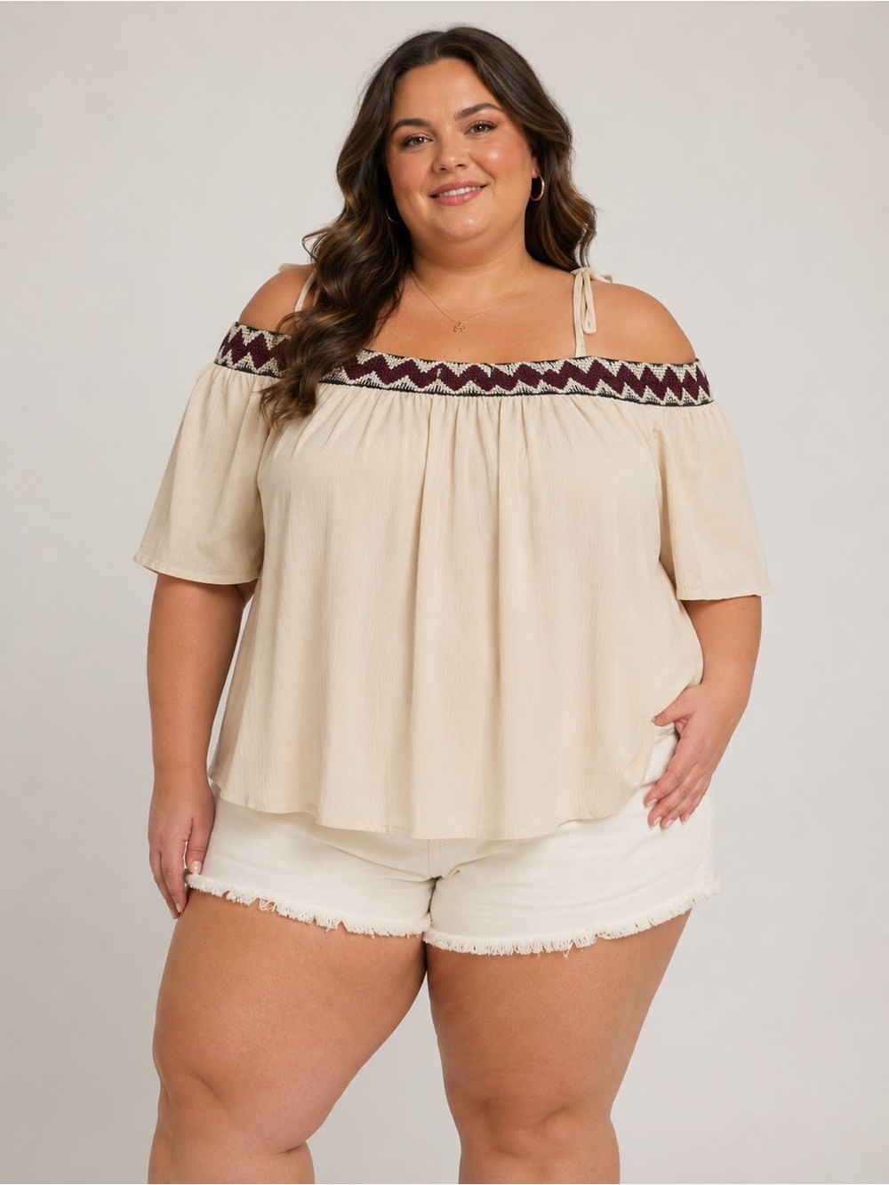 Maurices Cream Off-Shoulder Top with Burgundy Zigzag Trim